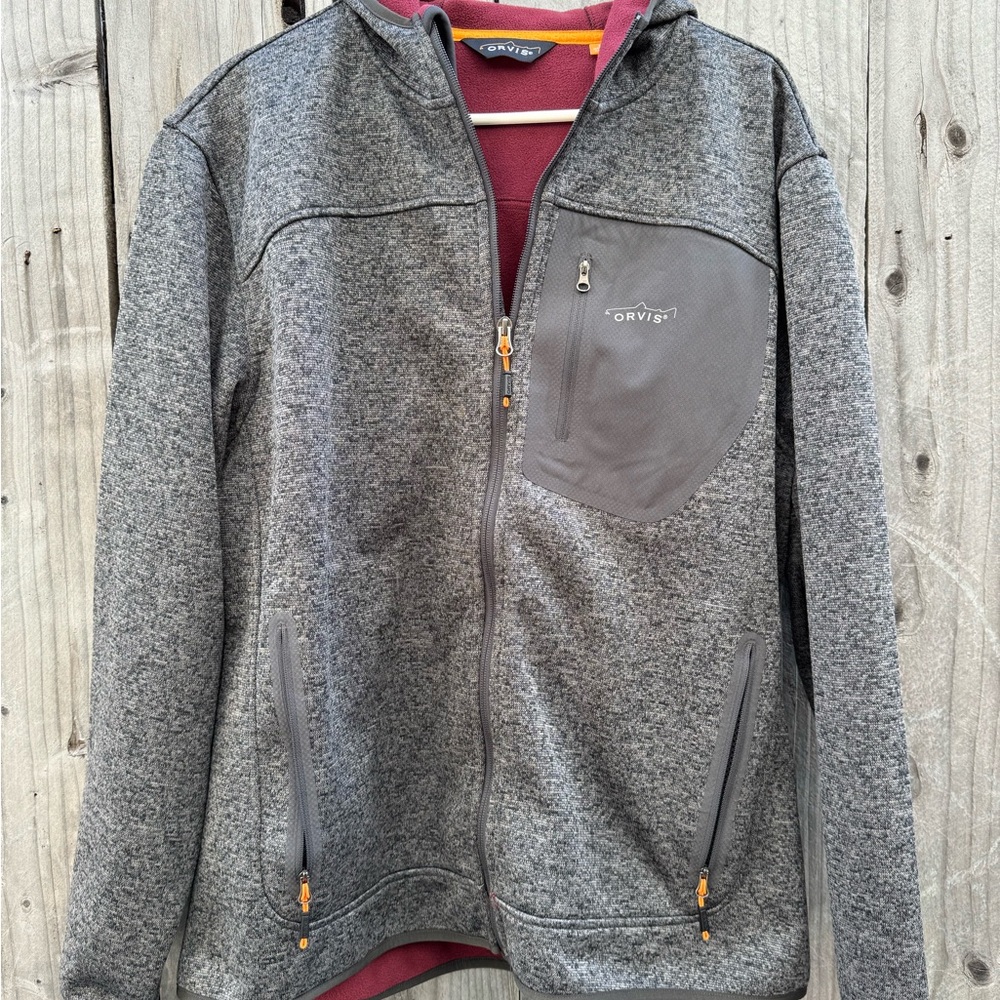 Orvis Charcoal Gray Men's Hooded Windproof Fleece Jacket size Large